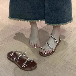 輕便一字帶旅游海邊夾趾羅馬鞋 夏新款 波西米亞金色水鉆仙女風(fēng)涼鞋
