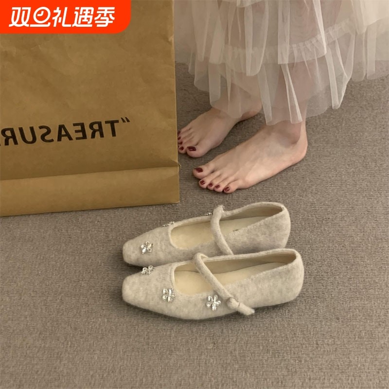 内增高复古晚风气质水钻一字带毛毛单鞋女鞋秋冬款配裙子玛丽珍鞋