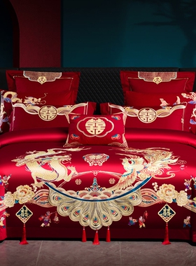 婚礼婚庆四件套100%全棉喜庆结婚龙凤床上用品纯棉新婚大红色喜被
