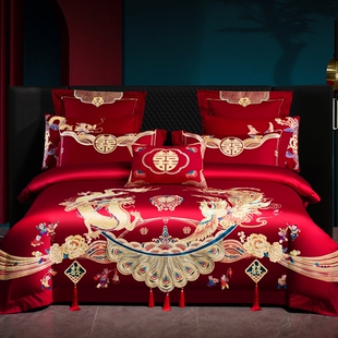婚礼婚庆四件套100%全棉喜庆结婚龙凤床上用品纯棉新婚大红色喜被