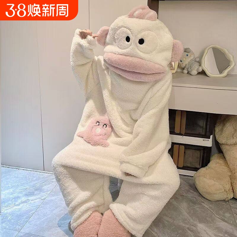 小丑鱼连体儿童睡衣女孩冬季珊瑚绒亲子加绒加厚搞怪家居服套装男