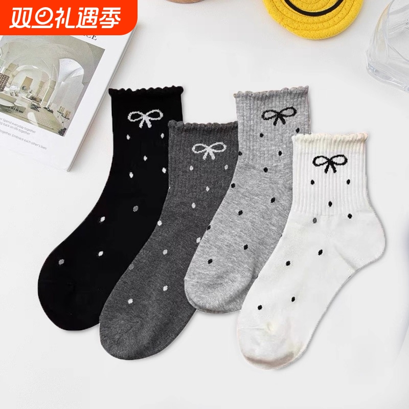 新款波点花边蝴蝶结堆堆袜学生ins潮长筒袜日系网红中筒女袜