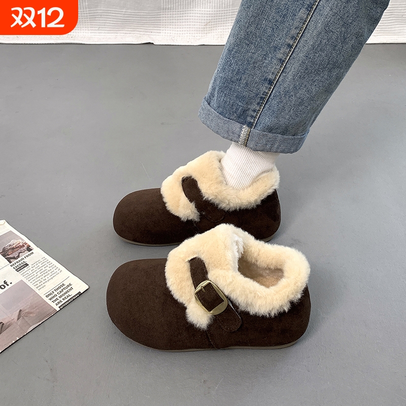 加绒勃肯鞋女2025年冬季新款皮毛一体雪地靴厚底保暖棉鞋毛绒棕色
