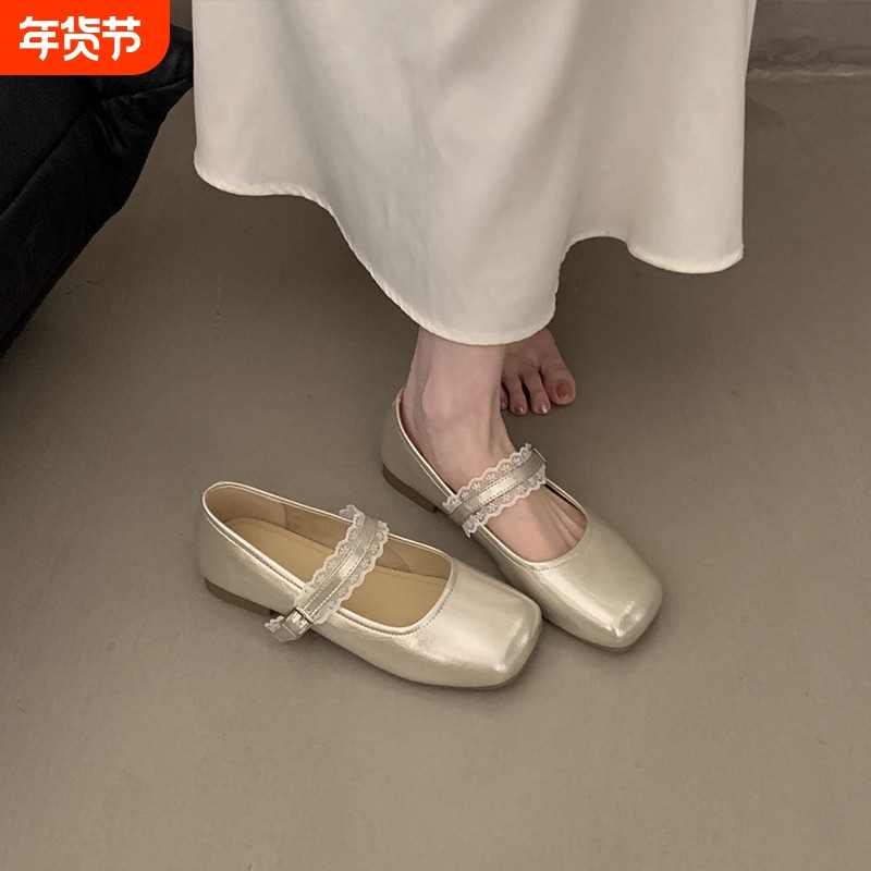 法式绝美平底香槟色配裙子单鞋女玛丽珍豆豆鞋小皮鞋2025夏季方头,女鞋,玛丽珍鞋,淘宝优惠券,粉丝福利购,淘宝优惠卷