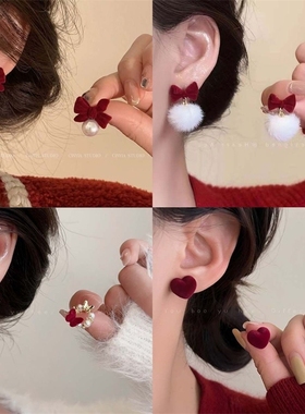 圣诞新年红色蝴蝶结珍珠耳环女耳夹小众高级感新款轻奢耳钉秋冬款