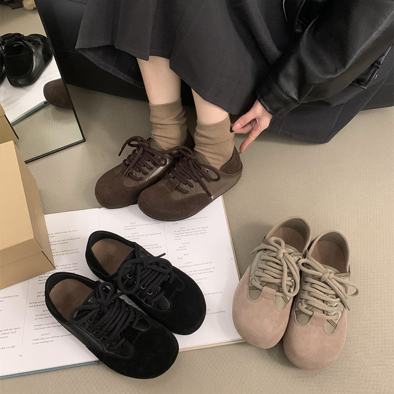 ！丑萌勃肯鞋女秋冬绑带休闲软底乐福鞋子厚底单鞋平底灰色系带