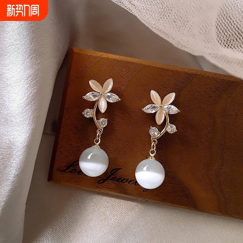 吊坠气质猫眼石花朵耳钉设计ins新款耳环独特简约百塔耳饰品女