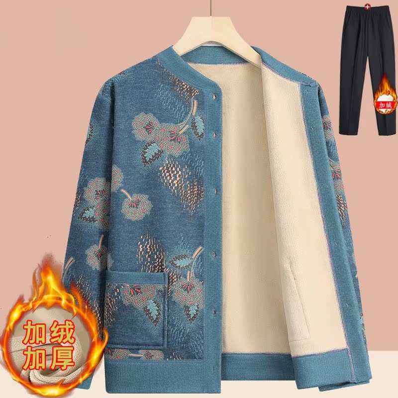 妈妈针织开衫加绒保暖外套老年人秋冬奶奶装老人衣服加厚毛衣红色