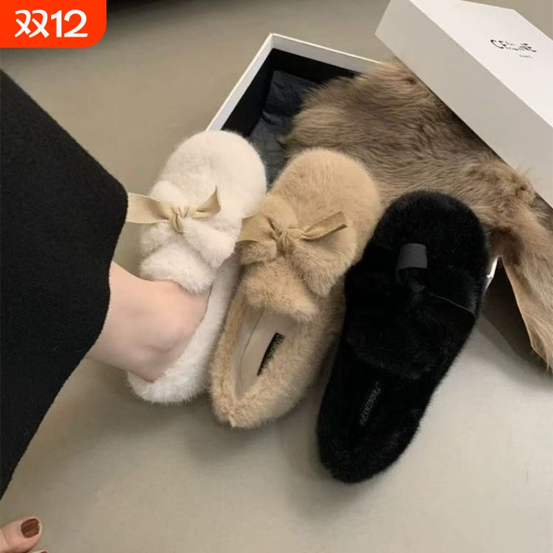 一脚蹬白色毛绒毛毛鞋子女2025新款秋冬季外穿加绒孕妇豆豆鞋黑色