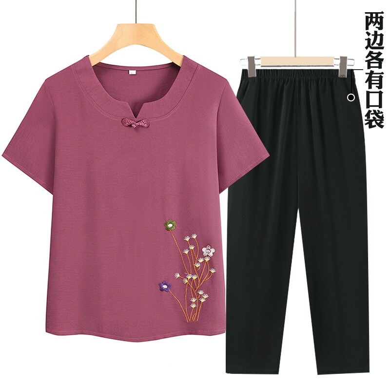 妈妈夏装奶奶T恤套装女短袖绵绸衣服太太衣服唐装2025新款两件套
