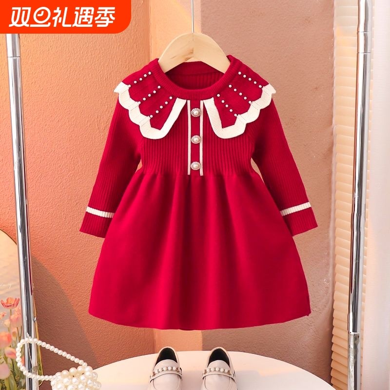 女童针织毛衣裙新款拜年服儿童秋冬装公主裙宝宝周岁礼服连衣裙子