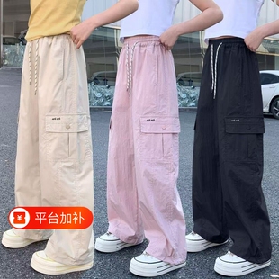 女童直筒工装裤春秋新款儿童夏季速干防蚊运动黑色加绒休闲松紧腰