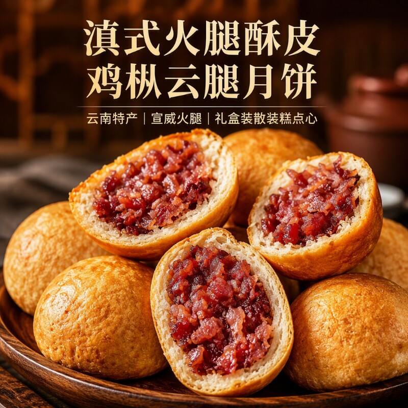滇式火腿鸡枞云腿月饼云南特产宣威火腿礼盒装散装糕点心鲜花饼