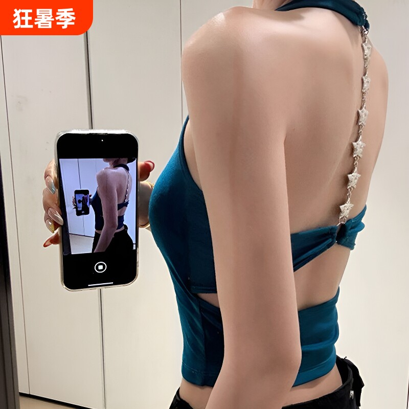 泰式绝美辣妹穿搭蓝色露背带胸垫吊带背心女外穿挂脖上衣红色黑色