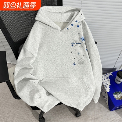 美式加绒加厚刺绣连帽卫衣男款秋冬潮流新款户外休闲宽松百搭上衣