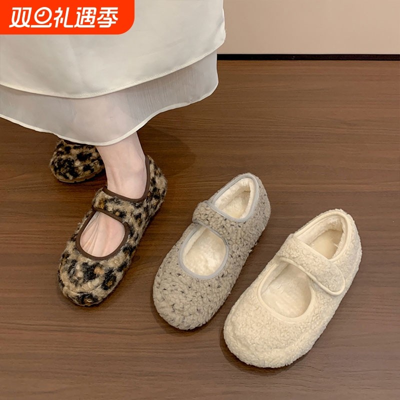 豹纹加绒玛丽珍鞋女秋冬新款面包鞋保暖毛毛鞋棉鞋平底毛绒浅口