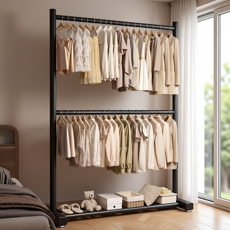 双层落地挂衣架卧室家用上下层学生宿舍衣帽架衣服加粗窄缝挂衣杆