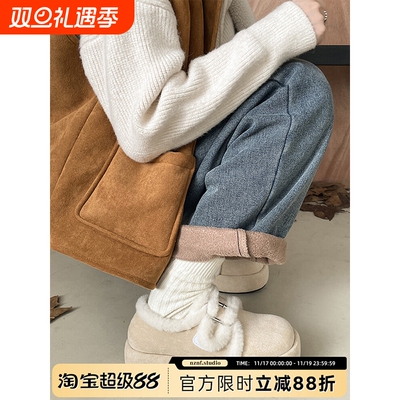 白色加绒加厚厚底棉鞋女款2025新款冬季增高保暖毛毛勃肯雪地靴子