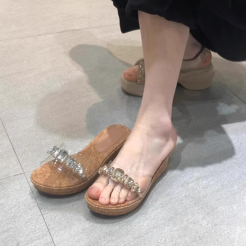 厚底坡跟高跟夏季配裙子凉拖鞋女水钻外穿2025新款透明一字拖凉鞋