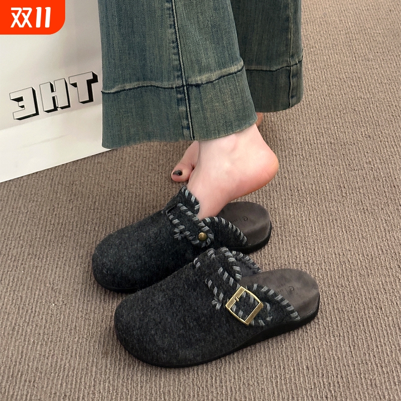 复古呢子包头半拖鞋女外穿2025秋冬新款一脚蹬厚底灰色毛毡勃肯鞋