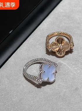 新款限定品质白金紫玉髓可翻转式戒指灰贝母双面可带18k玫瑰金