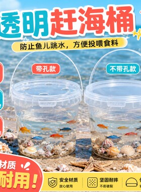手提透明塑料儿童捞鱼桶带盖赶海小水桶养鱼装乌龟小鱼专用桶观察