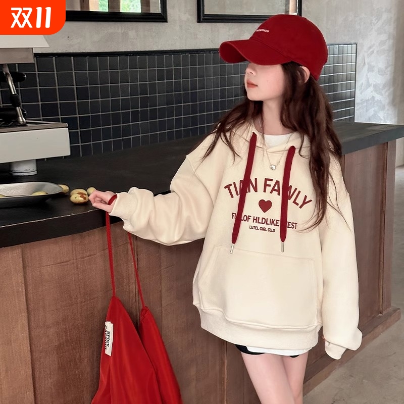 女童卫衣春秋款2025新款女大童秋装连帽上衣儿童打底衫潮加绒红色