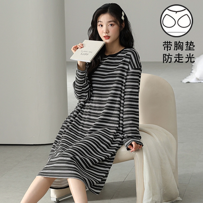 纯棉亲肤睡裙女带胸垫秋冬薄款