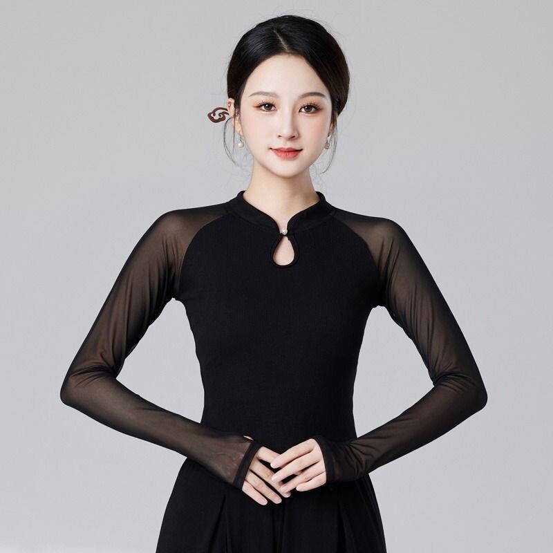舞蹈服上衣修身立领古典舞练功服上装显瘦舞蹈春夏黑色中式模特