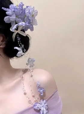 新中式紫藤花绣球花流苏发夹夏天复古花朵侧边夹发饰女高级感头花