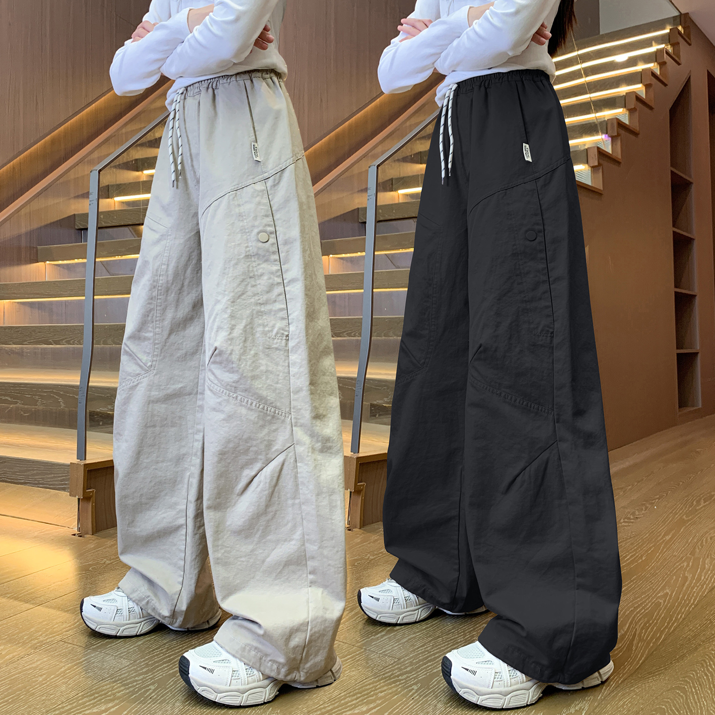 女童裤子春秋款女大童休闲裤儿童长裤女装初中生工装裤潮黑色防风