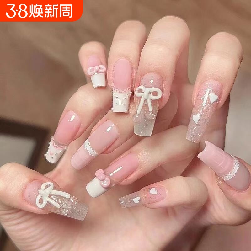 春节蝴蝶结少女穿戴甲中长款2026高级感蕾丝美甲指甲贴片梯形椭圆