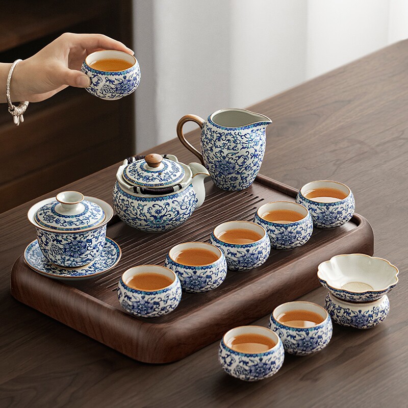 唐丰汝窑青花功夫茶具套装2026新款家用高档陶瓷泡茶专用茶台一套