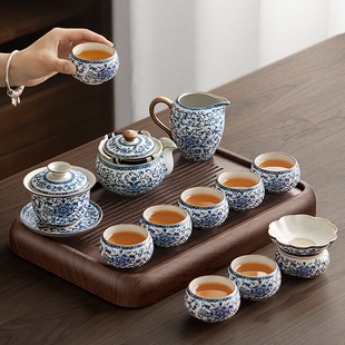 唐丰汝窑青花功夫茶具套装2026新款家用高档陶瓷泡茶专用茶台一套