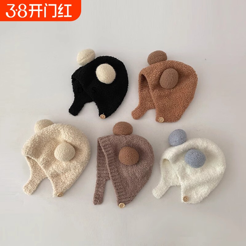 婴儿帽子秋冬季小月龄可爱超萌保暖男女宝宝护耳毛绒套头帽潮防寒