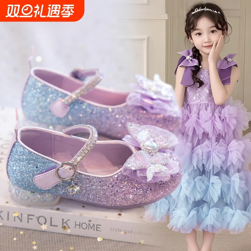 女童高跟鞋2025春秋新款皮鞋儿童水晶鞋多巴胺公主鞋闪闪鞋软底