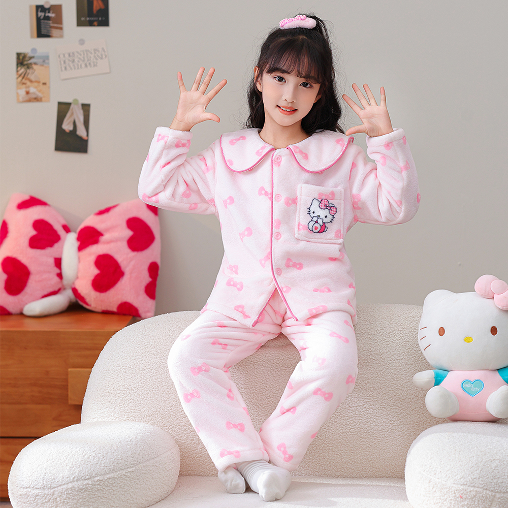 女童睡衣秋冬季法兰绒家居服套装