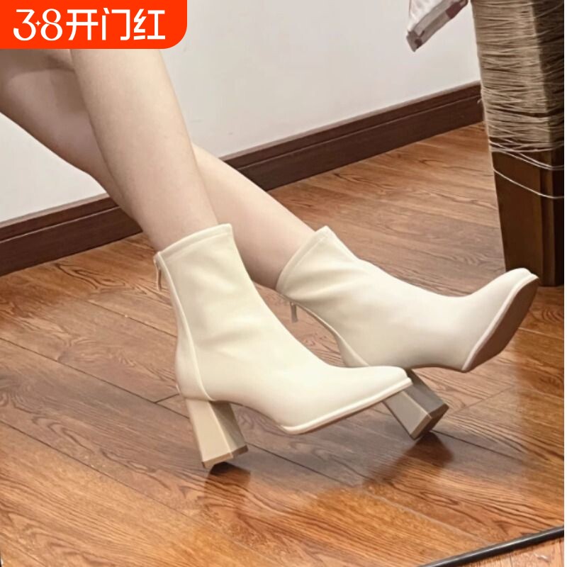 白色法式高跟小短靴女2025年秋冬粗跟方头皮靴新款弹力瘦瘦靴单靴