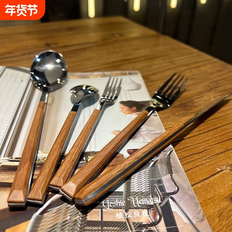 ins款仿木纹细长柄刀叉勺西餐早餐甜品勺韩风餐厅不锈钢水果叉子,餐饮具,西餐餐具套装,淘宝优惠券,粉丝福利购,淘宝优惠卷