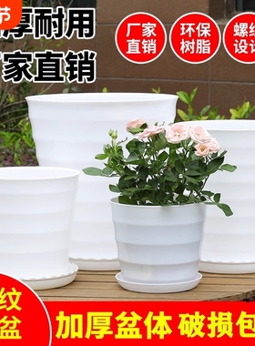 特大号盆白色塑料花盆发财树龟背竹高筒圆形螺纹加厚仿陶瓷家用