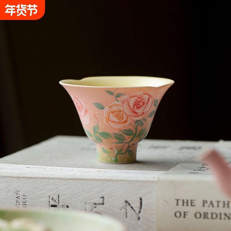 粉引手绘玫瑰陶瓷精致高脚茶杯家用花口品茗杯功夫茶具家用主人杯,餐饮具,茶杯,淘宝优惠券,粉丝福利购,淘宝优惠卷