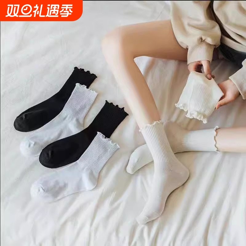 夏天袜子女夏季薄款中筒袜荷叶边堆堆袜白色袜子日系女袜黑色甜美