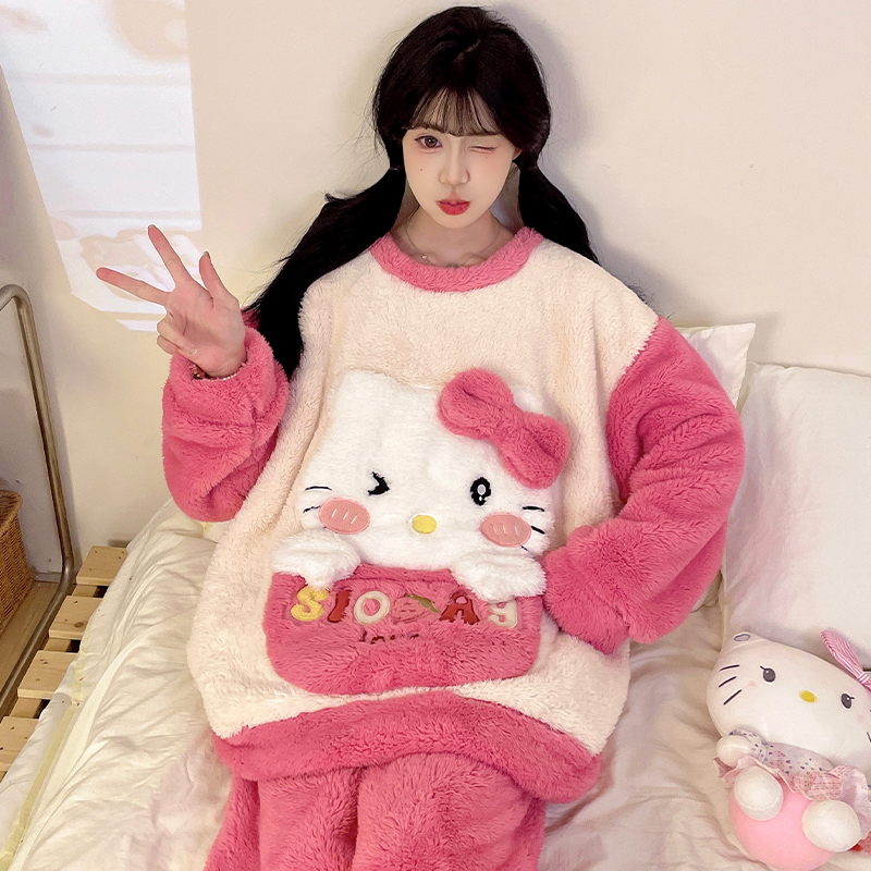 2025新款kt猫睡衣女秋冬珊瑚绒长袖加厚保暖女士可爱家居服套装