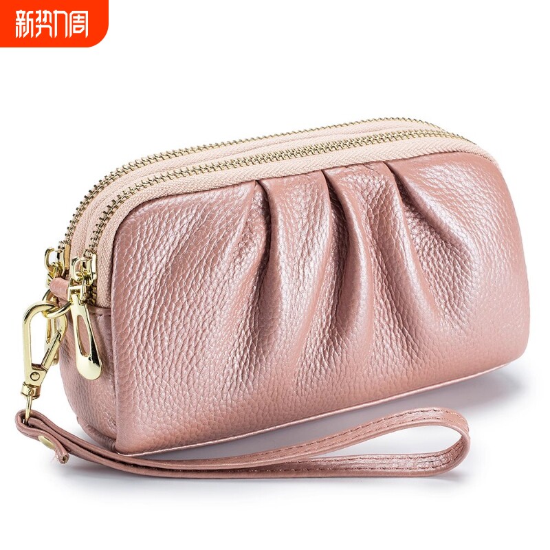 双层长款钱包气质褶皱手拿包真软皮女大容量手机包妈妈长款大钞包