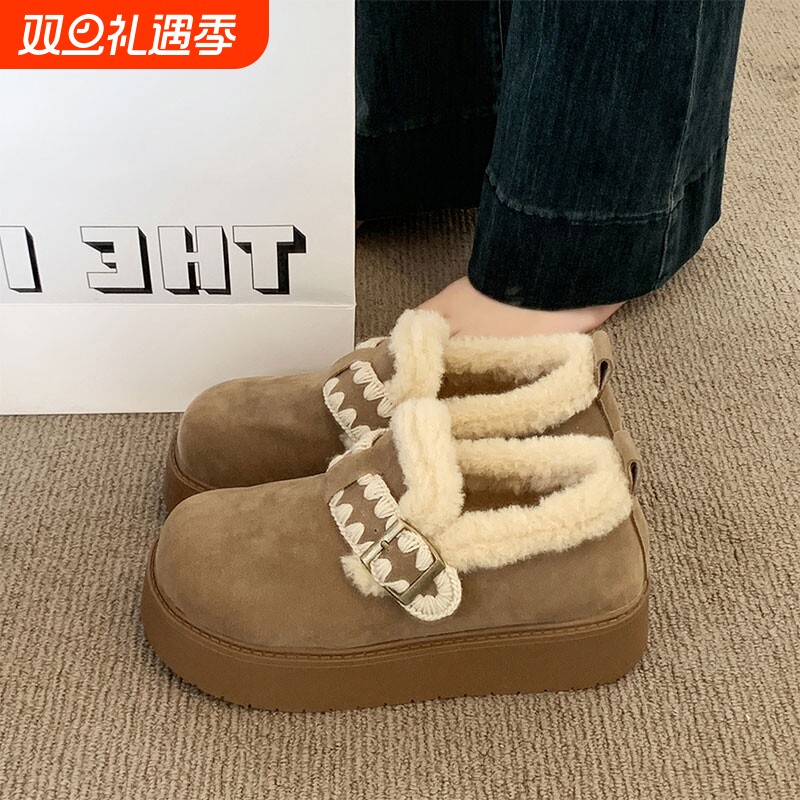 厚底勃肯鞋女鞋子2025新款冬季加绒面包鞋外穿毛毛棉鞋保暖雪地靴