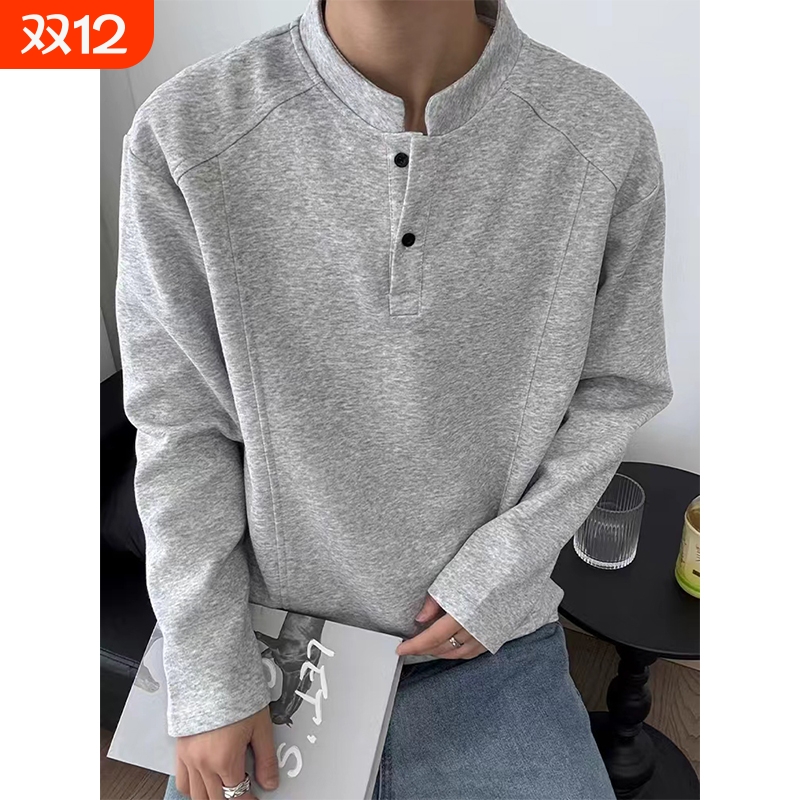 美式复古亨利领长袖t恤男春秋季新款立领卫衣cleanfit打底衫上衣