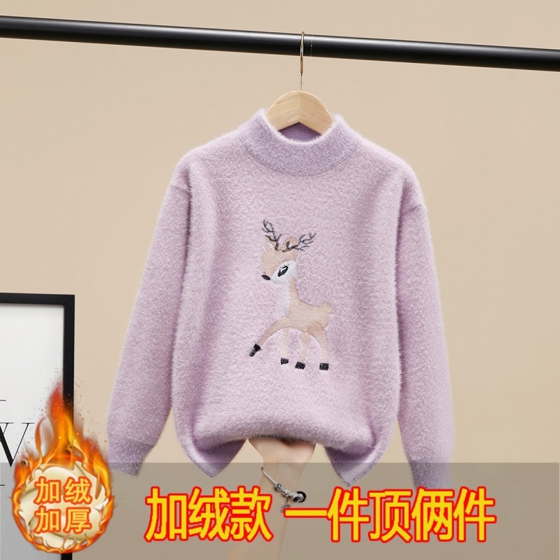 女童水貂绒加厚儿童针织秋冬毛衣女孩提花小鹿加绒打底衫紫色粉色