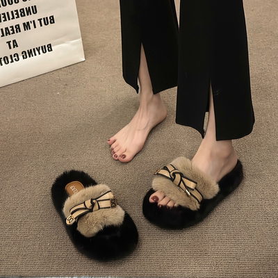 黑色厚底毛毛拖鞋纯色系带保暖
