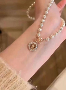 星语纽扣!复古轻奢镶钻圆形吊坠串珠项链秋冬贵气时尚精致锁骨链