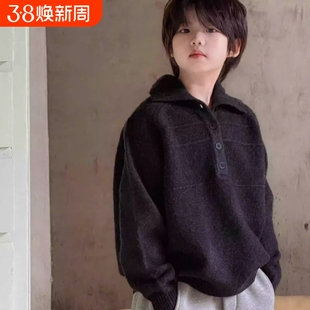 男童Polo领毛衣秋冬款2026中大童痞帅翻领上衣纽扣条纹灰色针织